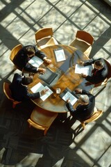 Poster - Group of people sitting around a wooden table, suitable for business or social settings