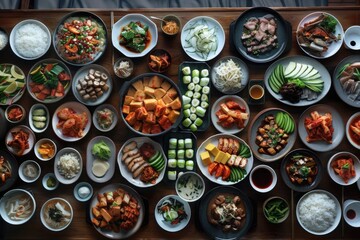 Poster - Various types of food displayed on a wooden table, perfect for food and cooking concepts