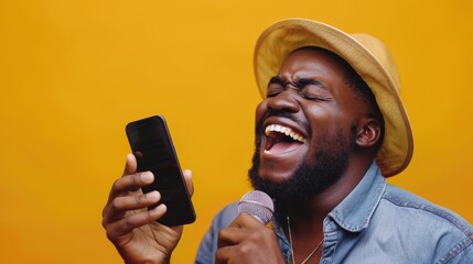 Poster - A man performing with a microphone and cell phone, ideal for music or entertainment concepts