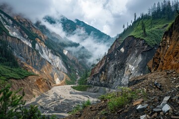 Poster - A scenic view of a river flowing through a beautiful green valley. Perfect for nature and landscape themes