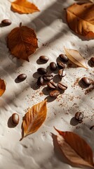 Sticker - Coffee Beans and Leaves on White Surface