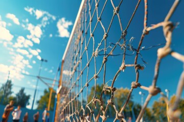 Poster - A close-up shot of a net with people in the background. Suitable for various concepts