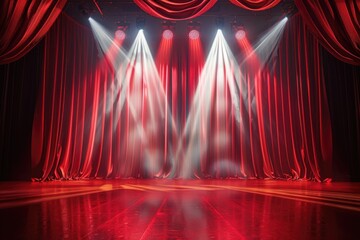 Poster - A stage with red curtains and bright spotlights. Perfect for theater and performance concepts