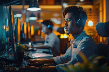 A man wearing a headset sitting in front of a computer. Suitable for technology and customer service concepts