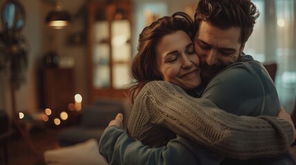 Poster - A man and a woman embracing in a cozy living room, ideal for relationship or home-related concepts