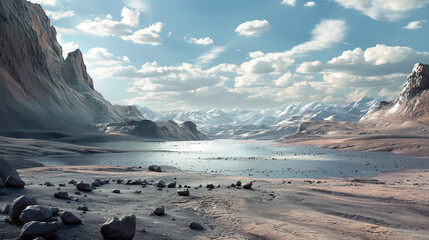 Wall Mural - A desolate landscape with a large body of water in the middle