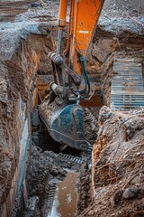 Poster - An excavator digging a hole in the ground. Suitable for construction and industrial concepts