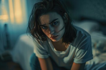 Aufkleber - A woman sitting on a bed in a dark room. Suitable for interior design concepts