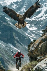 Canvas Print - A man rides a bike down a dirt road next to a majestic eagle. Perfect for outdoor and adventure themes