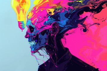 Poster - Abstract painting of a person with a light bulb on their head. Perfect for creative concepts and brainstorming ideas
