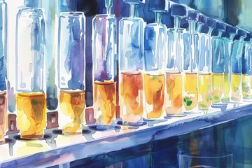 Poster - A row of bottles filled with liquid. Perfect for science or laboratory concepts