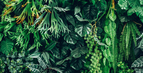 Close-up of a group of green leaves, providing a textured and abstract nature background. Rich foliage textures, exotic greenery, and botanical patterns..