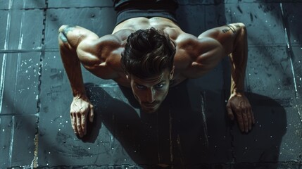 Poster - A man performing push ups on the floor. Suitable for fitness and health concepts