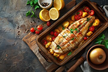 Wall Mural - A pan filled with fish and vegetables on a wooden cutting board. Great for food blogs and cooking websites