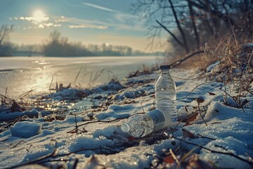 Poster - A water bottle placed on snowy ground. Suitable for winter themes