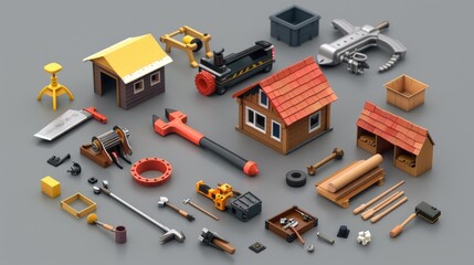 Poster - Various construction tools on a gray surface, ideal for illustrating construction projects