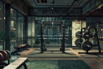 Poster - Interior of a gym room with bench, weights, and benches. Perfect for fitness or health-related designs