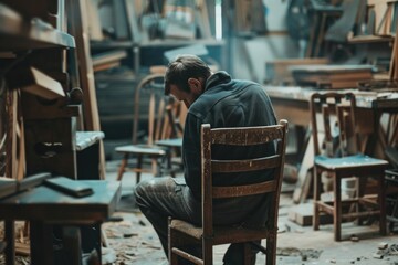 Aufkleber - A man seated in a workshop setting. Suitable for industrial concepts