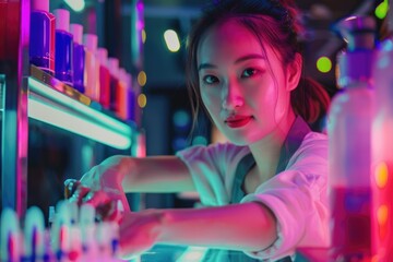 Aufkleber - A woman surrounded by bottles in a laboratory. Suitable for scientific and research concepts