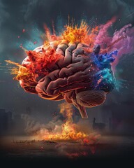 Concept art of a human brain exploding with knowledge and creativity.