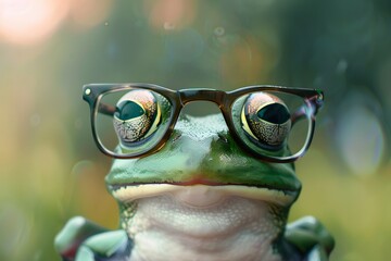 Wall Mural - a frog wearing glasses with a cute face