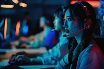 Poster - A woman sitting in front of a computer wearing a headset. Suitable for office or remote work concepts
