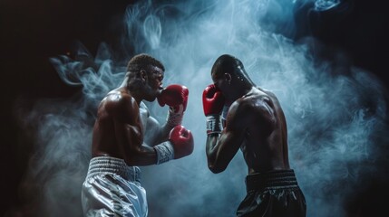 Two boxers fighting in a smokey atmosphere. Ideal for sports and competition concepts