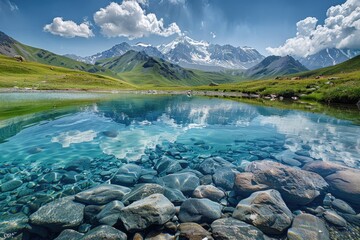 Poster - Scenic view of water surrounded by rocks and grass. Ideal for nature and travel concepts