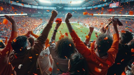 Poster - Group of people standing on top of a field covered in confetti. Suitable for celebrations and events