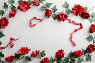 Aufkleber - a heart made of red paper flowers and green leaves. suitable for romantic designs
