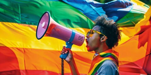 Wall Mural - an american activist holds up a megaphone on a rainbow flag
