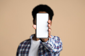 Aufkleber - Mockup for app. Guy demonstrating blank screen of smartphone, copy space, closeup