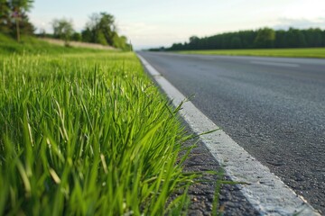 Poster - Green grass growing along the side of a road. Suitable for nature or transportation concepts