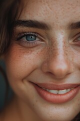 Poster - Close up of a woman with freckles. Perfect for beauty or skincare concepts