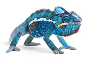 Poster - A close up of a blue chameleon on a white background. Suitable for educational materials or nature-themed designs