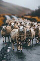 Poster - A herd of sheep walking down a road. Suitable for agricultural concepts