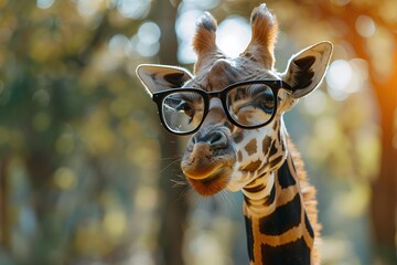 a giraffe wearing glasses with a cute face
