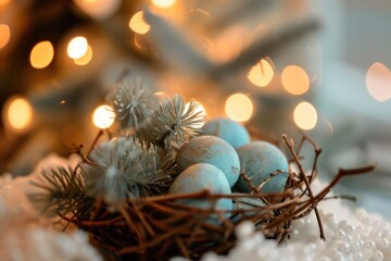 Poster - Close up of a bird nest on a table, suitable for nature and wildlife concepts