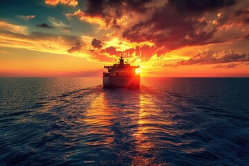 Poster - A large boat sailing in the middle of the ocean at sunset. Perfect for travel and adventure themes