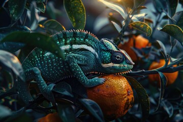 Poster - Colorful chameleon perched on orange fruit in tree. Suitable for nature and wildlife themes