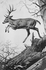Poster - Black and white photo of a deer jumping over a tree, ideal for nature themes