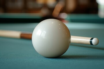 a white ball is lying on a billiard table with two cues