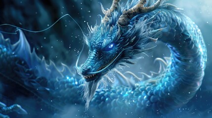 Poster - A majestic blue dragon in the water. Suitable for fantasy themes