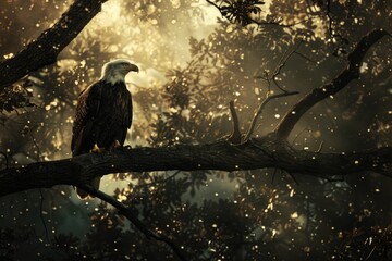Poster - Majestic bald eagle perched on a tree branch, perfect for wildlife enthusiasts