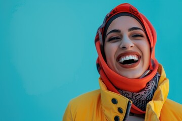 Aufkleber - A woman wearing a yellow jacket and a red scarf, suitable for fashion and lifestyle concepts