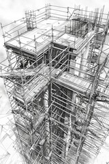 Poster - Illustration of a building being renovated with scaffolding, suitable for construction or renovation themes