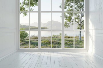 Poster - A serene empty room with a large window overlooking a peaceful lake. Suitable for interior design concepts