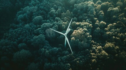 Poster - A modern wind turbine standing tall in a peaceful forest. Suitable for environmental and renewable energy concepts