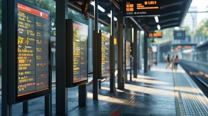 Early morning view of a modern train station platform featuring digital timetables showing various train schedules under soft lighting.