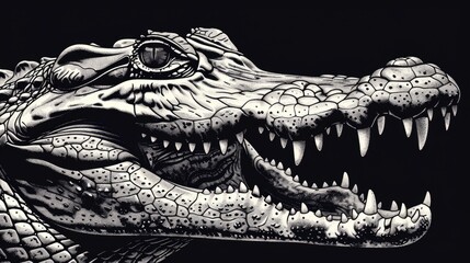 Poster - Detailed black and white crocodile head illustration. Perfect for educational materials